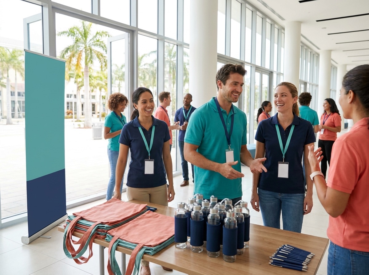 Conference attendees with swag bags and lanyards