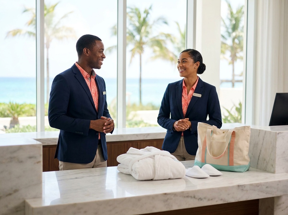 Hotel staff in branded uniforms with guest amenities